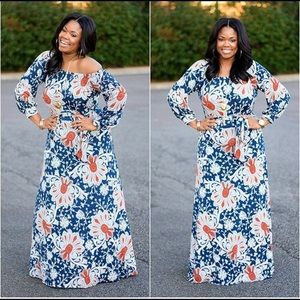Blue and orange floral print maxi dress.